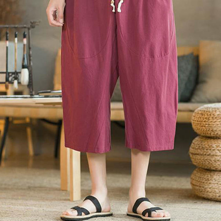 Buddha Stones - Einfarbige mittellange Herrenhose aus Leinen mit weitem Bein und Taschen - image 20