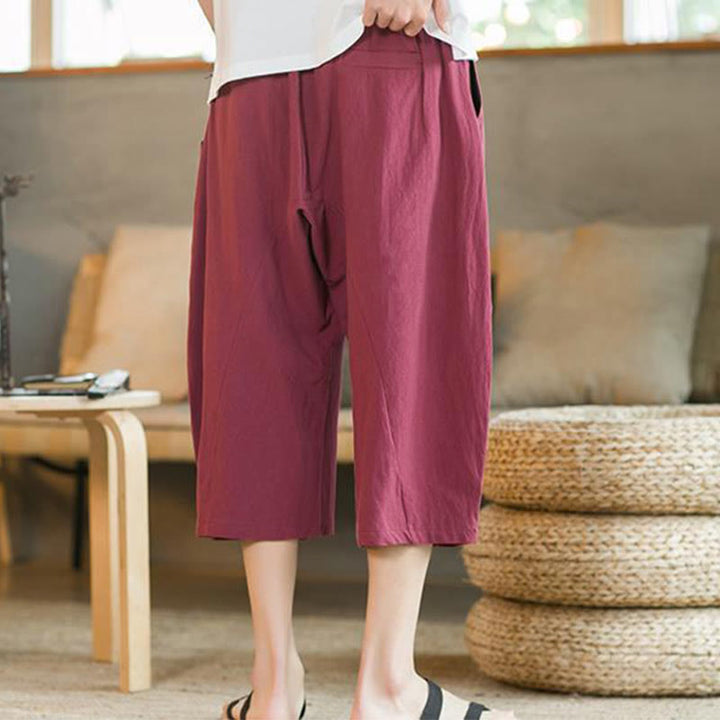 Buddha Stones - Einfarbige mittellange Herrenhose aus Leinen mit weitem Bein und Taschen - image 20