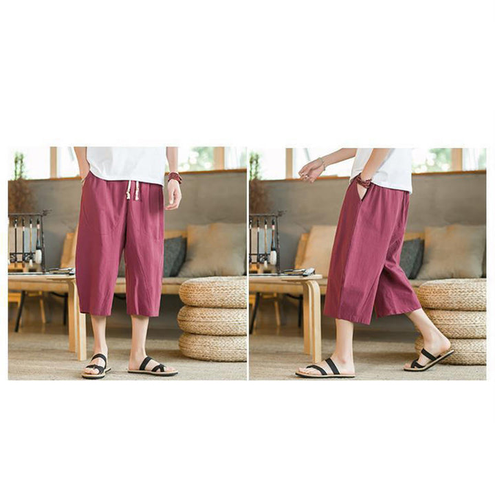 Buddha Stones - Einfarbige mittellange Herrenhose aus Leinen mit weitem Bein und Taschen - image 25
