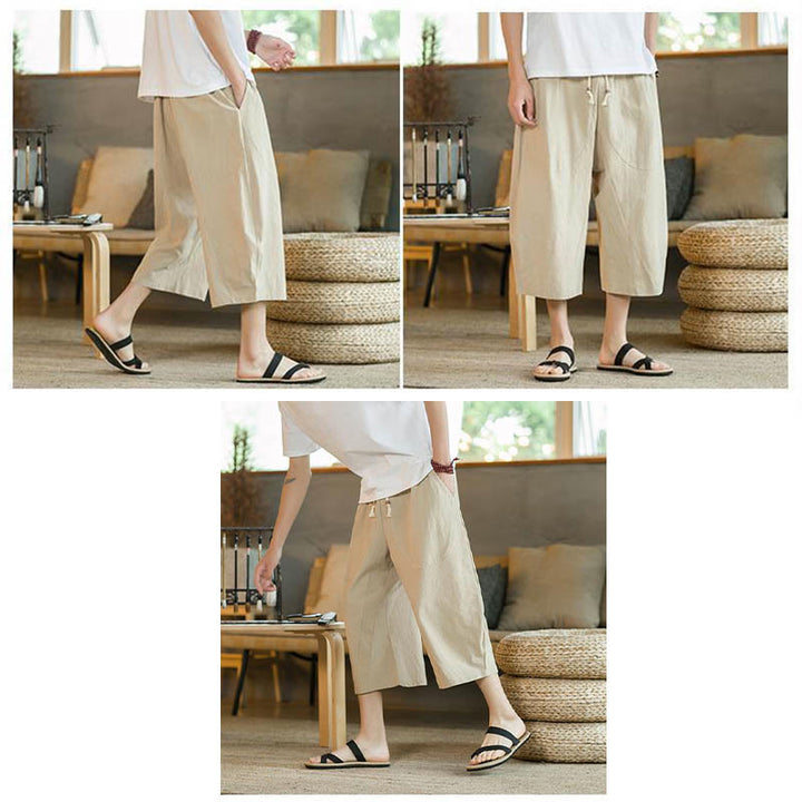 Buddha Stones - Einfarbige mittellange Herrenhose aus Leinen mit weitem Bein und Taschen - image 9