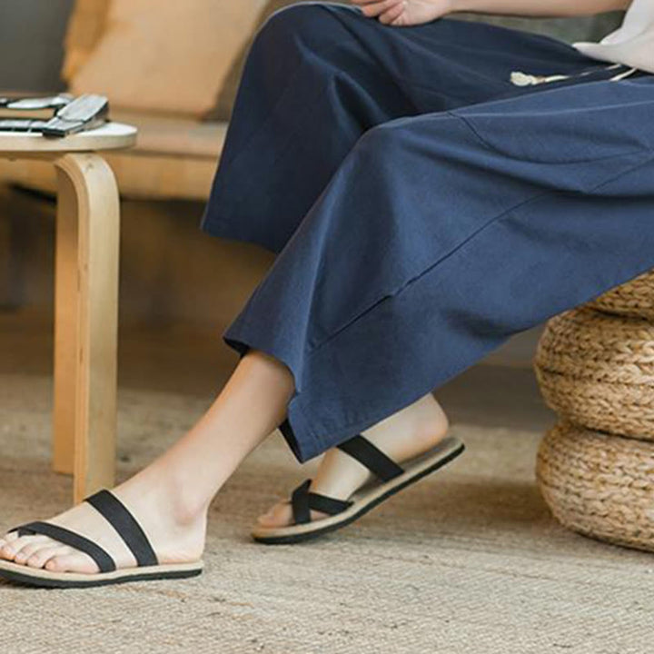 Buddha Stones - Einfarbige mittellange Herrenhose aus Leinen mit weitem Bein und Taschen - image 15