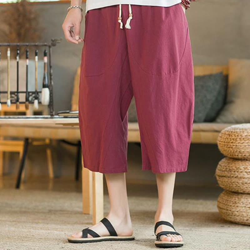 Buddha Stones - Einfarbige mittellange Herrenhose aus Leinen mit weitem Bein und Taschen