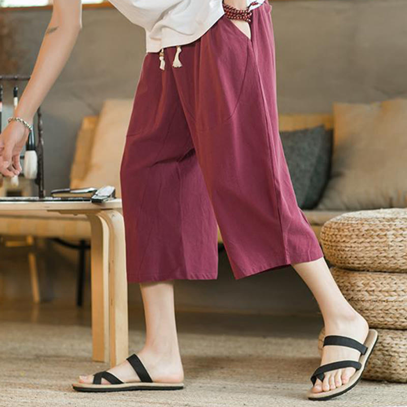 Buddha Stones - Einfarbige mittellange Herrenhose aus Leinen mit weitem Bein und Taschen - image 22