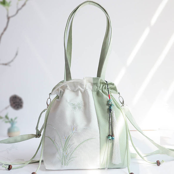 Buddha Stones Bestickte Grasblumen Kirschblüte Canvas Tote Crossbody Tasche Schultertasche Handtasche - Grün-Weißes Gras 28 x 30 cm - image 0