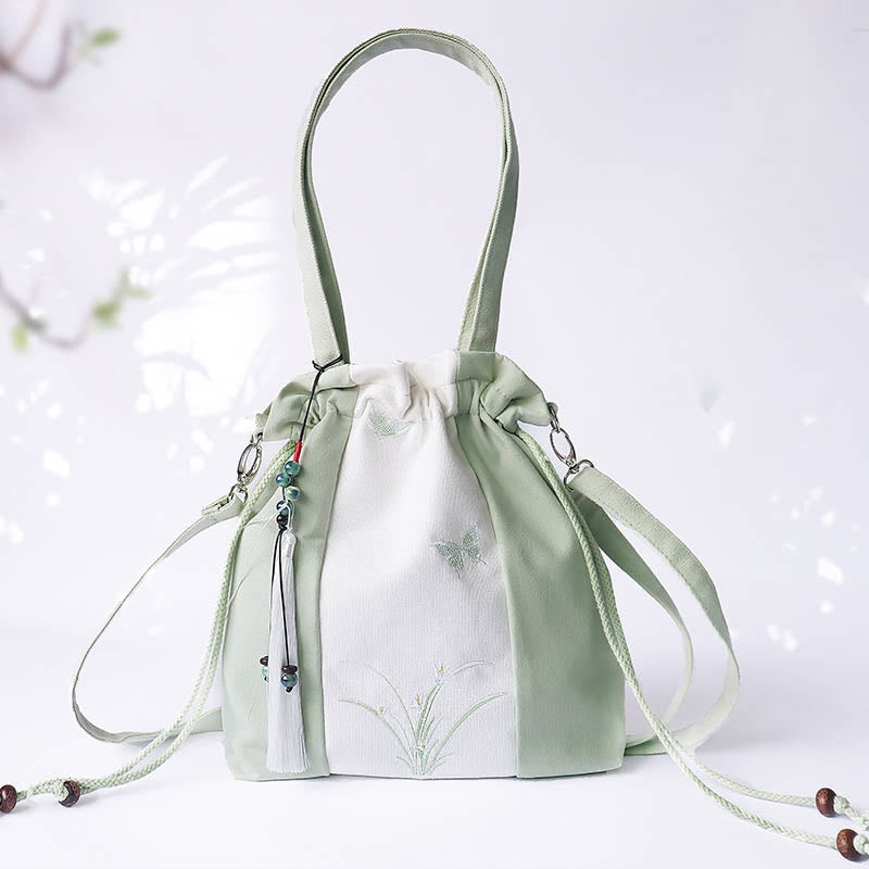 Buddha Stones Bestickte Grasblumen Kirschblüte Canvas Tote Crossbody Tasche Schultertasche Handtasche - Dreifach-Patchworkmuster aus grünem und weißem Gras, 28 x 30 cm - image 7
