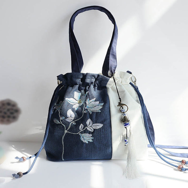 Buddha Stones Bestickte Grasblumen Kirschblüte Canvas Tote Crossbody Tasche Schultertasche Handtasche - Blau-weiße Blume 28 x 30 cm - image 8