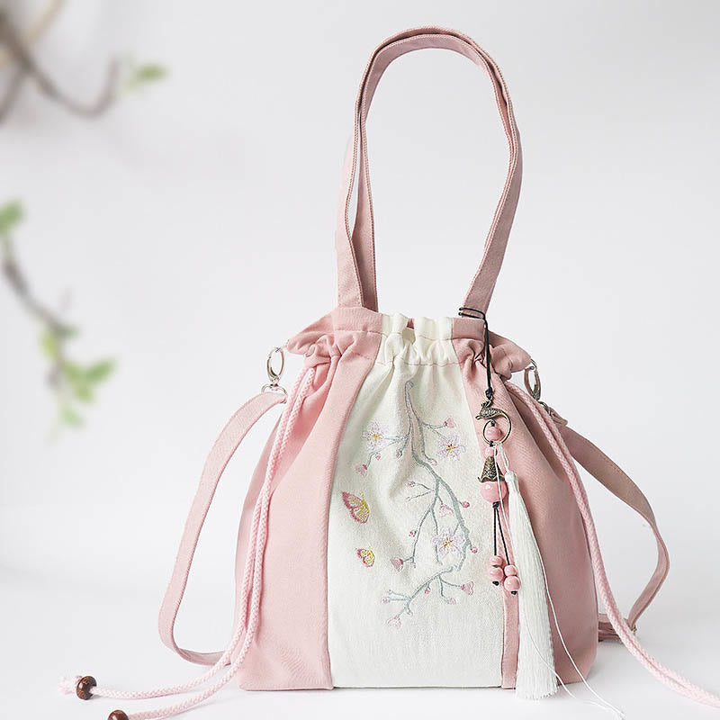 Buddha Stones Bestickte Grasblumen Kirschblüte Canvas Tote Crossbody Tasche Schultertasche Handtasche - Kirschblütenrosa-weiß 28 x 30 cm - image 11
