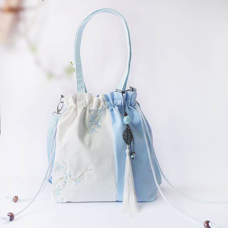 Buddha Stones Bestickte Grasblumen Kirschblüte Canvas Tote Crossbody Tasche Schultertasche Handtasche - Hellblau Weiß 28*30cm - image 12