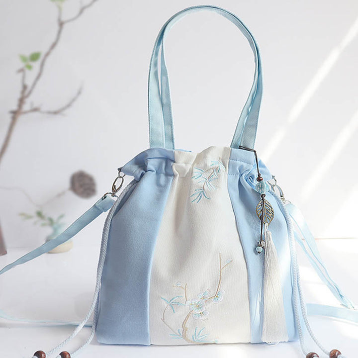 Buddha Stones Bestickte Grasblumen Kirschblüte Canvas Tote Crossbody Tasche Schultertasche Handtasche - Hellblau-weißer dreifacher Patchwork-Teppich, 28 x 30 cm - image 16