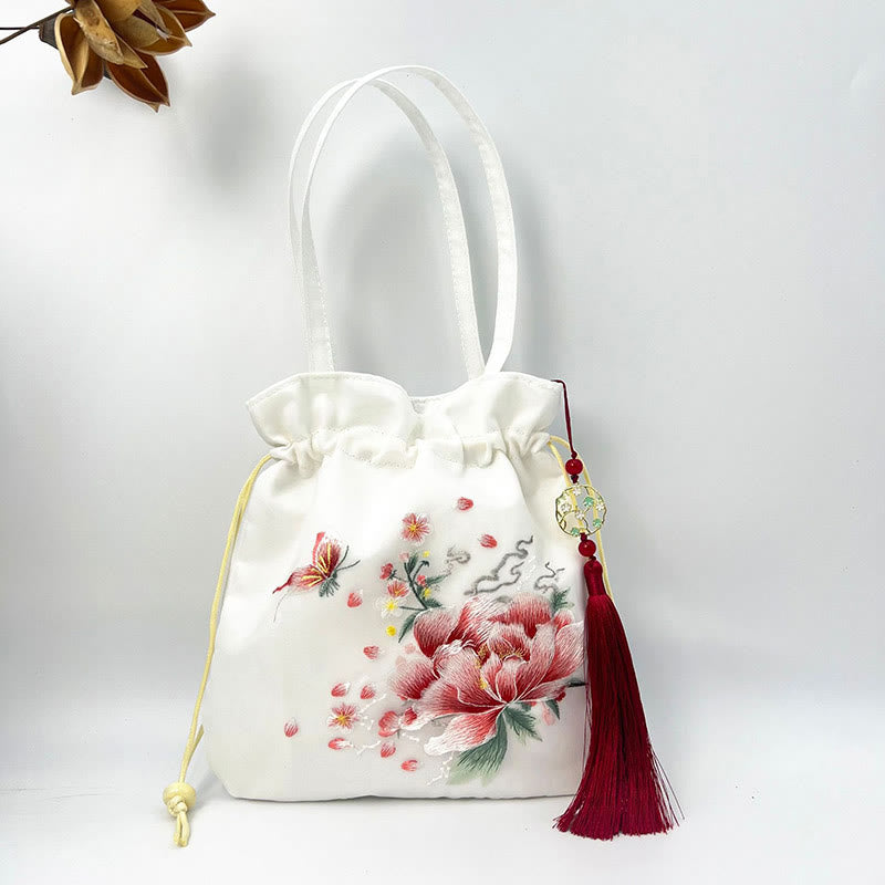 Buddha Stones Suzhou Stickerei Lotus Hirsch Epiphyllum Pfingstrose Kaninchen Baumwoll-Leinen Tote Crossbody Tasche Schultertasche Handtasche - Weiße Pfingstrose 21 x 22 cm - image 15