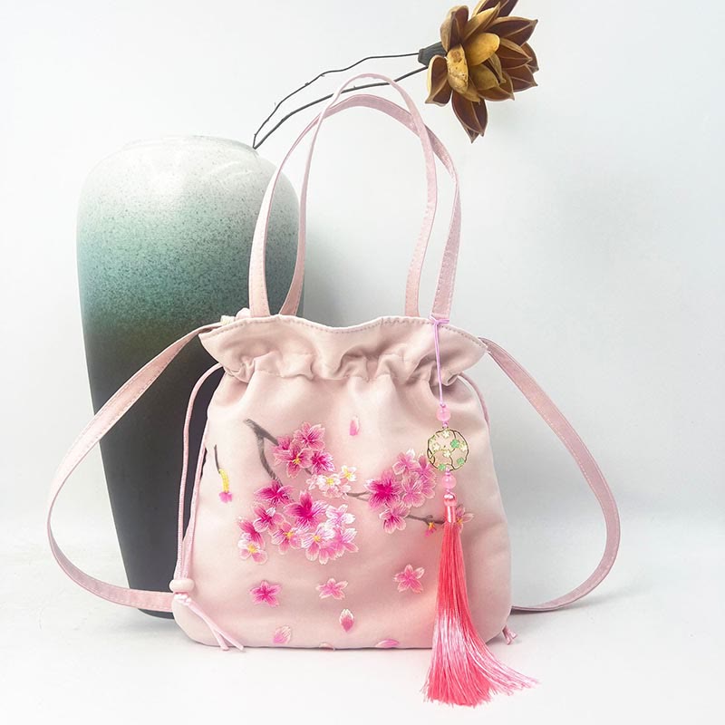 Buddha Stones Suzhou Stickerei Lotus Hirsch Epiphyllum Pfingstrose Kaninchen Baumwoll-Leinen Tote Crossbody Tasche Schultertasche Handtasche - Hellrosa Kirschblüten 21 x 22 cm - image 21