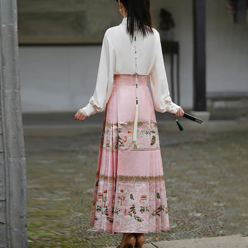 Buddha Steine Chinesischen Hanfu Rosa Pfirsich Garten Gedruckt Pferd Gesicht Rock Mamianqun