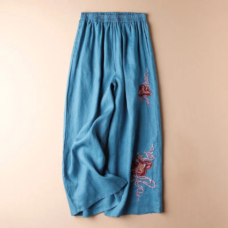 Buddha Stones Damen-Hose mit weitem Bein, lockere Passform, Baumwolle und Leinen, Stickerei, mit Taschen - Blau - US12, UK/AU16, EU44 (3XL) - image 0