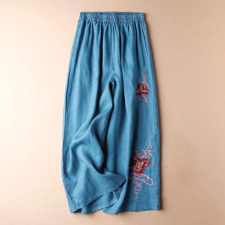 Buddha Stones Damen-Hose mit weitem Bein, lockere Passform, Baumwolle und Leinen, Stickerei, mit Taschen - Blau - US12, UK/AU16, EU44 (3XL) - image 0