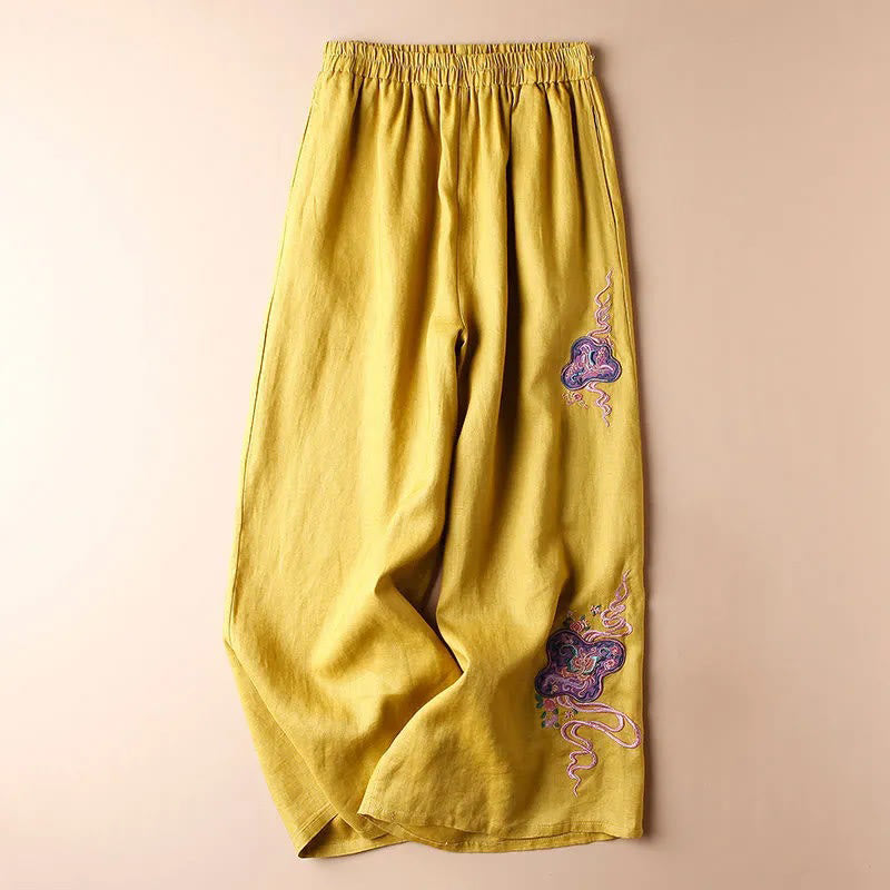 Buddha Stones Damen-Hose mit weitem Bein, lockere Passform, Baumwolle und Leinen, Stickerei, mit Taschen - Gelb - US12, UK/AU16, EU44 (3XL) - image 9