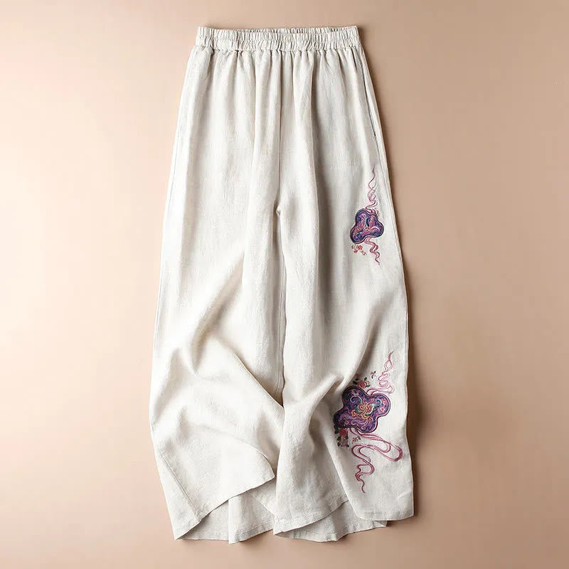 Buddha Stones Damen-Hose mit weitem Bein, lockere Passform, Baumwolle und Leinen, Stickerei, mit Taschen - Beige - US12, UK/AU16, EU44 (3XL) - image 1