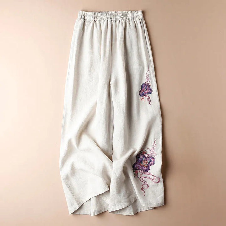 Buddha Stones Damen-Hose mit weitem Bein, lockere Passform, Baumwolle und Leinen, Stickerei, mit Taschen - Beige - US12, UK/AU16, EU44 (3XL) - image 1