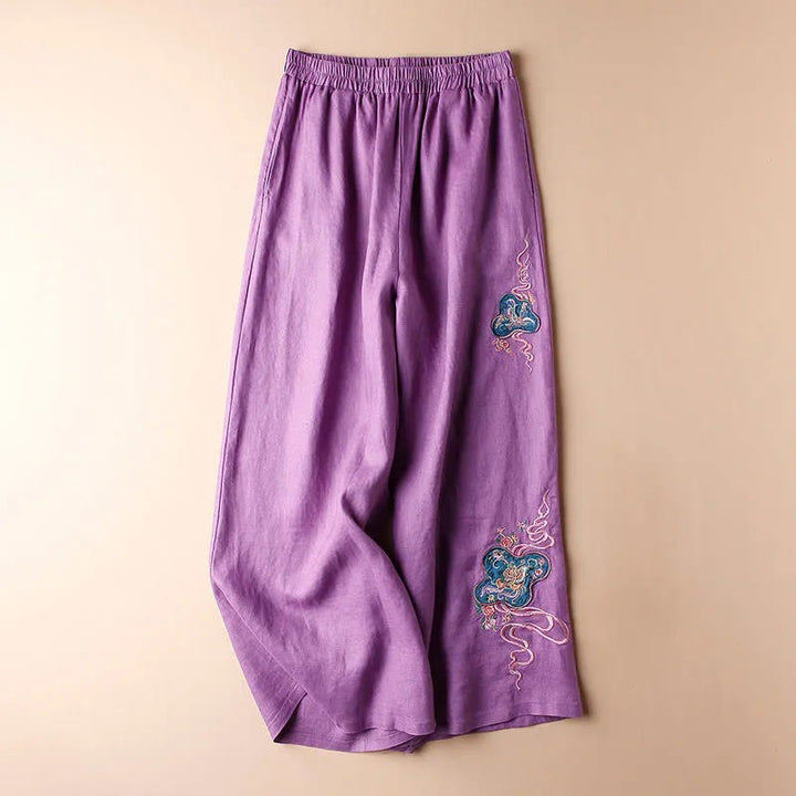Buddha Stones Damen-Hose mit weitem Bein, lockere Passform, Baumwolle und Leinen, Stickerei, mit Taschen - Lila - US12, UK/AU16, EU44 (3XL) - image 10