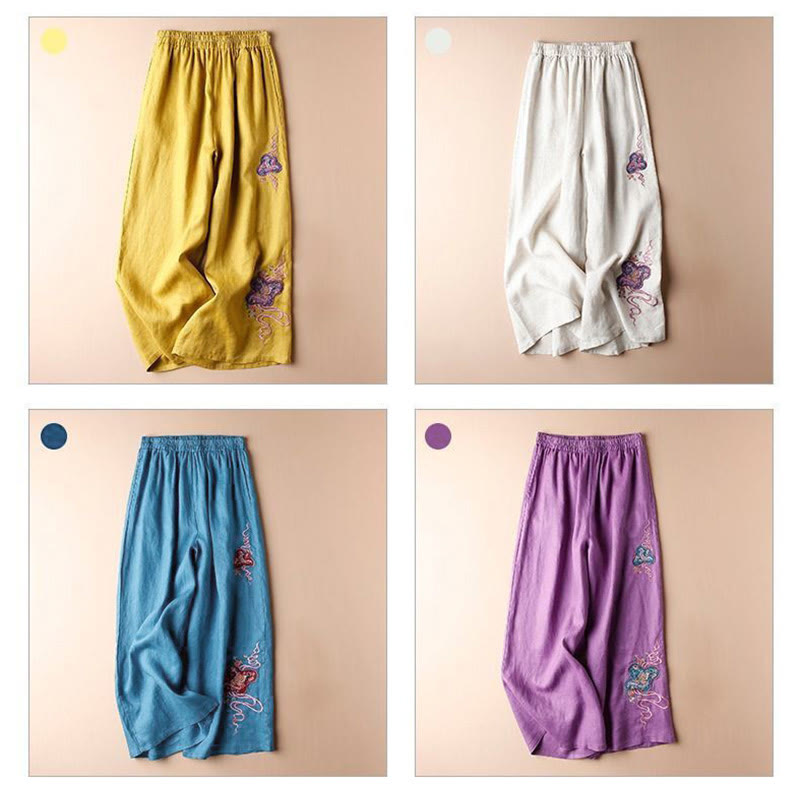 Buddha Stones Damen-Hose mit weitem Bein, lockere Passform, Baumwolle und Leinen, Stickerei, mit Taschen - image 12