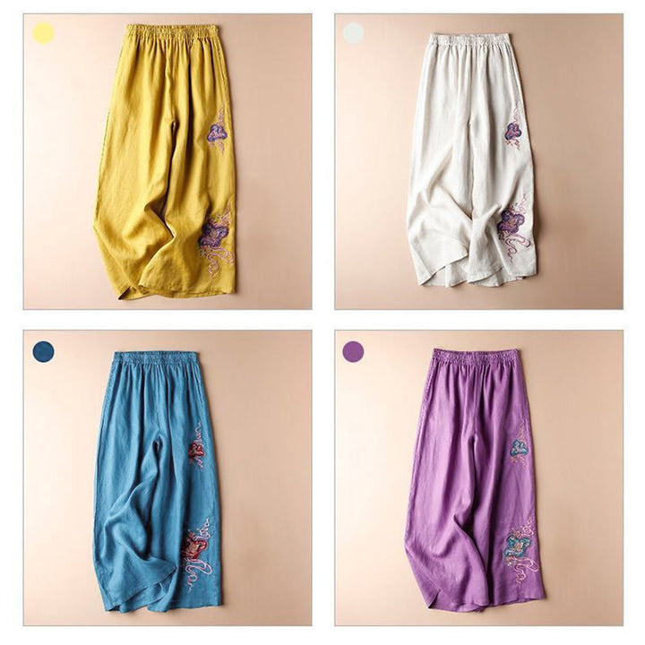 Buddha Stones Damen-Hose mit weitem Bein, lockere Passform, Baumwolle und Leinen, Stickerei, mit Taschen - image 12