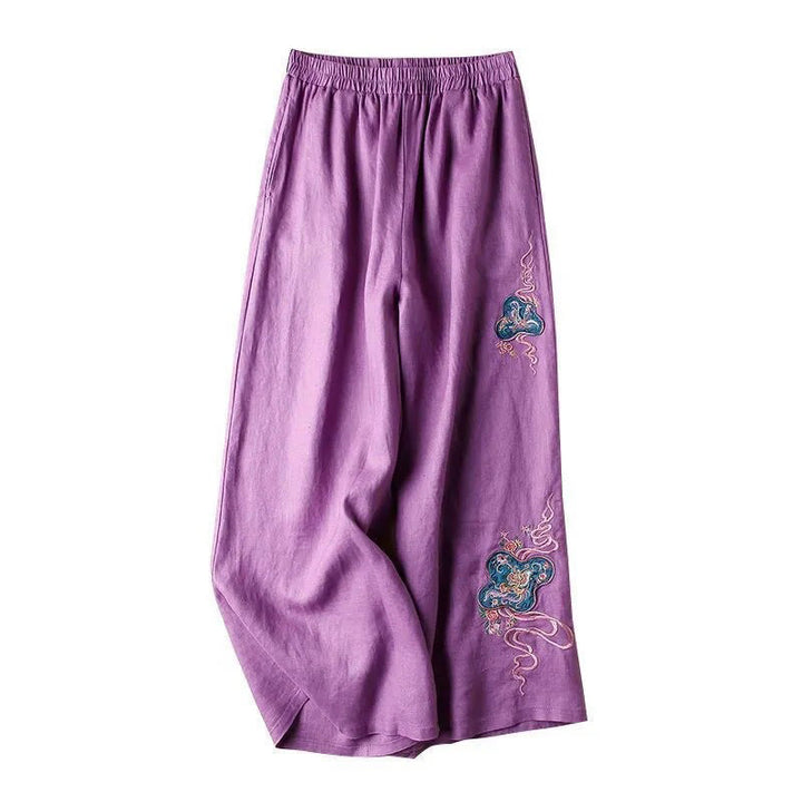 Buddha Stones Damen-Hose mit weitem Bein, lockere Passform, Baumwolle und Leinen, Stickerei, mit Taschen - image 11