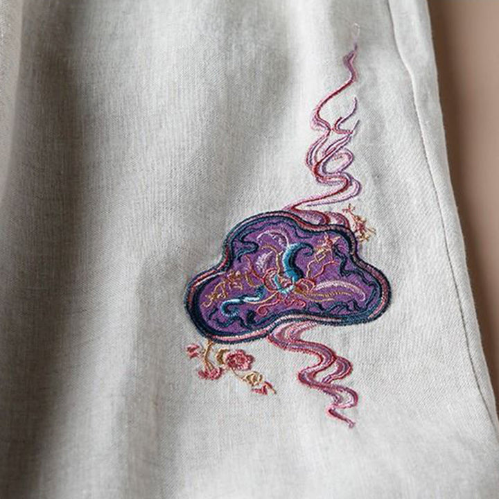 Buddha Stones Damen-Hose mit weitem Bein, lockere Passform, Baumwolle und Leinen, Stickerei, mit Taschen - image 6