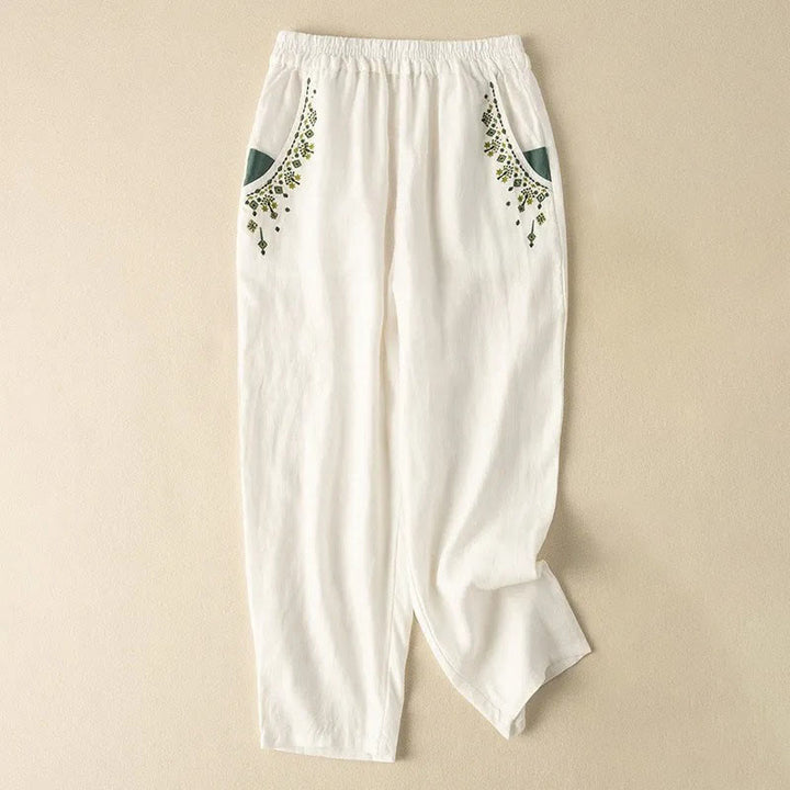 Capri-Haremshose mit Buddha Stones und Vintage-Stickerei, elastischer Bund und Taschen