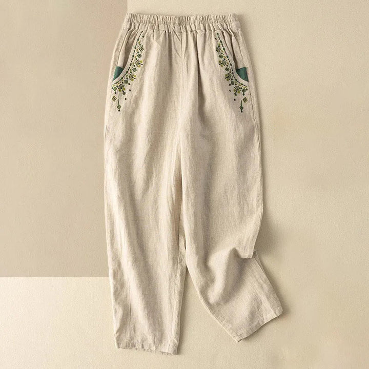 Capri-Haremshose mit Buddha Stones und Vintage-Stickerei, elastischer Bund und Taschen
