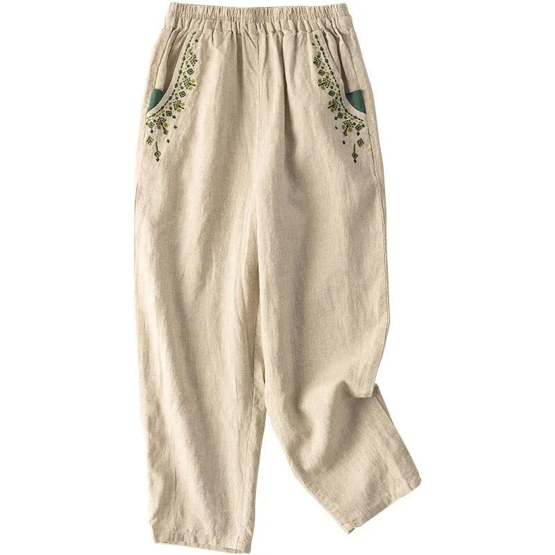 Capri-Haremshose mit Buddha Stones und Vintage-Stickerei, elastischer Bund und Taschen