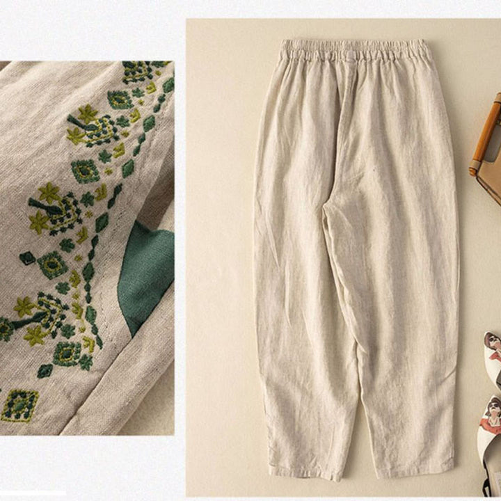 Capri-Haremshose mit Buddha Stones und Vintage-Stickerei, elastischer Bund und Taschen