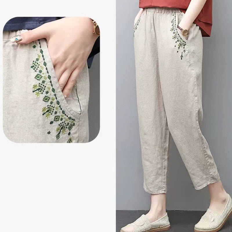 Capri-Haremshose mit Buddha Stones und Vintage-Stickerei, elastischer Bund und Taschen