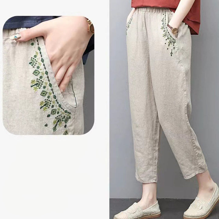 Capri-Haremshose mit Buddha Stones und Vintage-Stickerei, elastischer Bund und Taschen