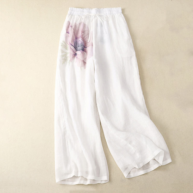 Hose mit weitem Bein und Blumendruck von Buddha Stones, hoher Taille, Kordelzug, Baumwollleinen und Taschen - Weiß - US12, UK/AU16, EU44 (2XL) - image 0