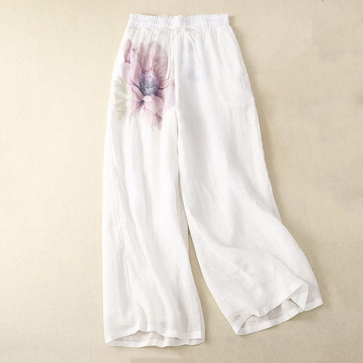 Hose mit weitem Bein und Blumendruck von Buddha Stones, hoher Taille, Kordelzug, Baumwollleinen und Taschen - Weiß - US12, UK/AU16, EU44 (2XL) - image 0