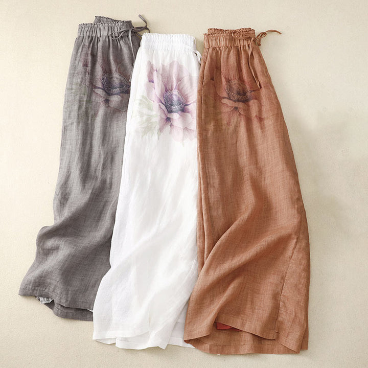 Hose mit weitem Bein und Blumendruck von Buddha Stones, hoher Taille, Kordelzug, Baumwollleinen und Taschen - image 1