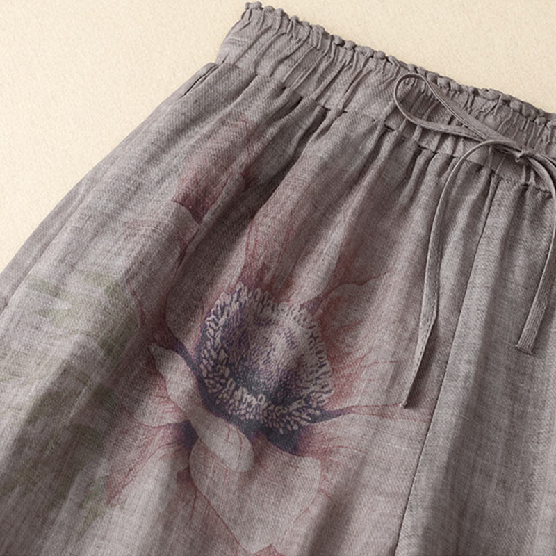 Hose mit weitem Bein und Blumendruck von Buddha Stones, hoher Taille, Kordelzug, Baumwollleinen und Taschen - image 7