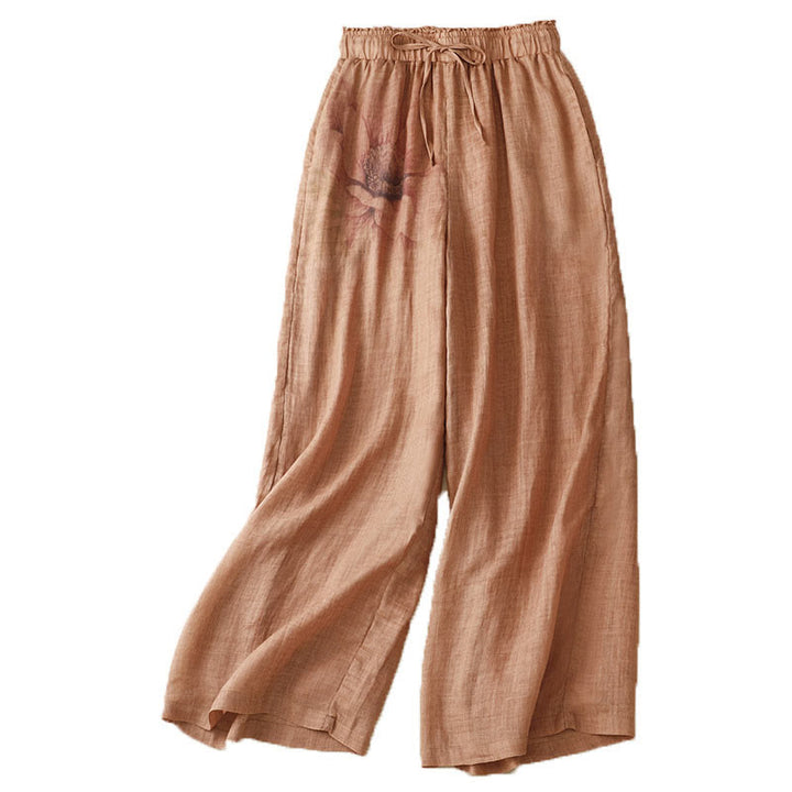 Hose mit weitem Bein und Blumendruck von Buddha Stones, hoher Taille, Kordelzug, Baumwollleinen und Taschen - image 21