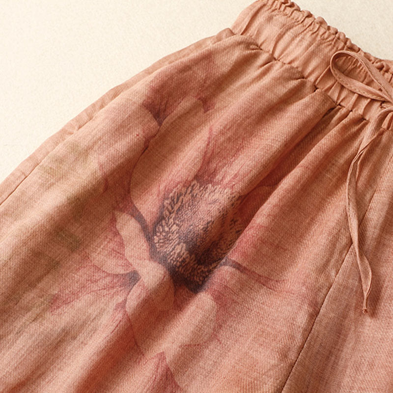 Hose mit weitem Bein und Blumendruck von Buddha Stones, hoher Taille, Kordelzug, Baumwollleinen und Taschen - image 14