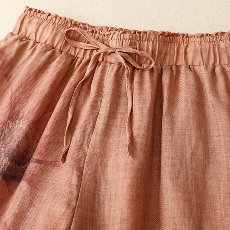 Hose mit weitem Bein und Blumendruck von Buddha Stones, hoher Taille, Kordelzug, Baumwollleinen und Taschen - image 15