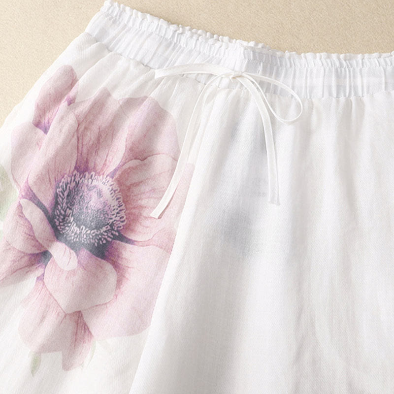 Hose mit weitem Bein und Blumendruck von Buddha Stones, hoher Taille, Kordelzug, Baumwollleinen und Taschen - image 3