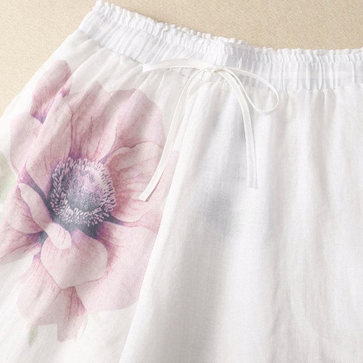 Hose mit weitem Bein und Blumendruck von Buddha Stones, hoher Taille, Kordelzug, Baumwollleinen und Taschen - image 3