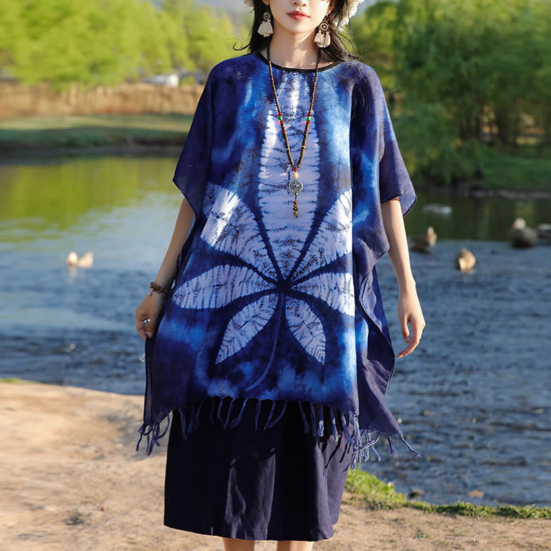 Buddha-Steine, blau, Batik-Schal, Quasten, Ahornblatt, gemütlicher Reisepullover, 95 x 90 cm - image 9