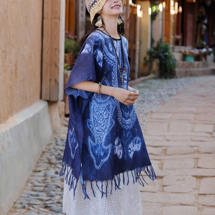 Buddha-Steine, blaue Geometrie, Batik-Schal, Quasten, gemütlicher Reisepullover, 90 x 95 cm - image 5