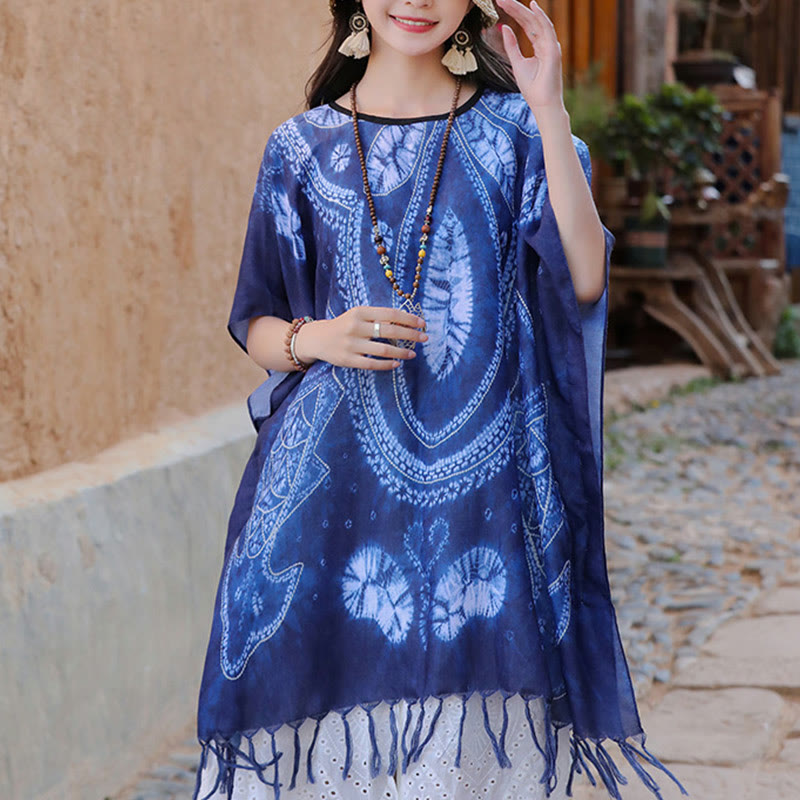 Buddha-Steine, blaue Geometrie, Batik-Schal, Quasten, gemütlicher Reisepullover, 90 x 95 cm - image 8