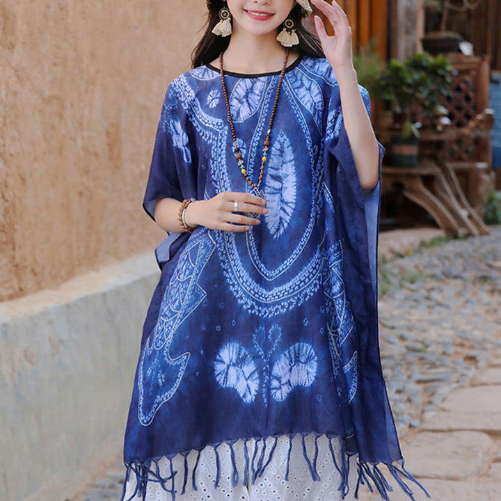 Buddha-Steine, blaue Geometrie, Batik-Schal, Quasten, gemütlicher Reisepullover, 90 x 95 cm - image 8