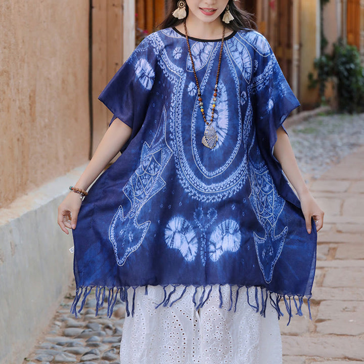 Buddha-Steine, blaue Geometrie, Batik-Schal, Quasten, gemütlicher Reisepullover, 90 x 95 cm - image 6