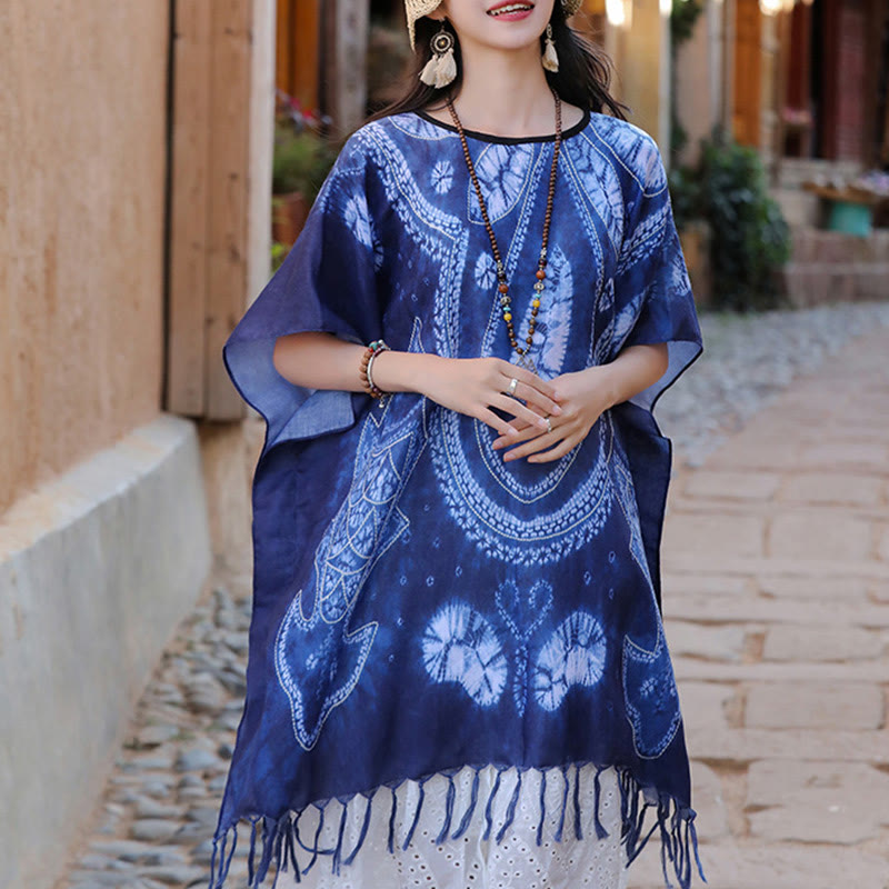 Buddha-Steine, blaue Geometrie, Batik-Schal, Quasten, gemütlicher Reisepullover, 90 x 95 cm - image 1