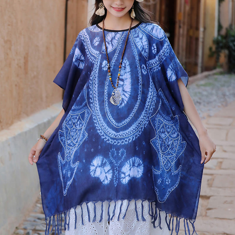 Buddha-Steine, blaue Geometrie, Batik-Schal, Quasten, gemütlicher Reisepullover, 90 x 95 cm - Blau 90 x 95 cm - image 0