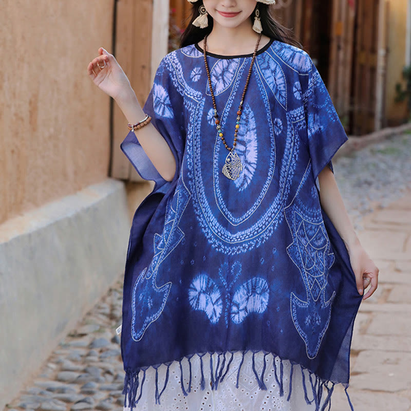 Buddha-Steine, blaue Geometrie, Batik-Schal, Quasten, gemütlicher Reisepullover, 90 x 95 cm - image 3