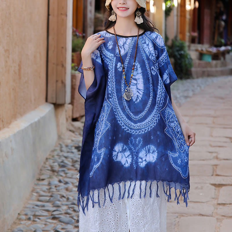 Buddha-Steine, blaue Geometrie, Batik-Schal, Quasten, gemütlicher Reisepullover, 90 x 95 cm - image 7
